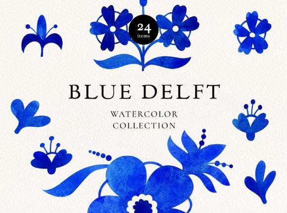 Download Blue Delft Watercolor Floral Elements - Elements Collection
