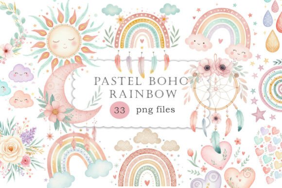 Download Pastel Boho Rainbow Clipart Set PNG - Boho Collection